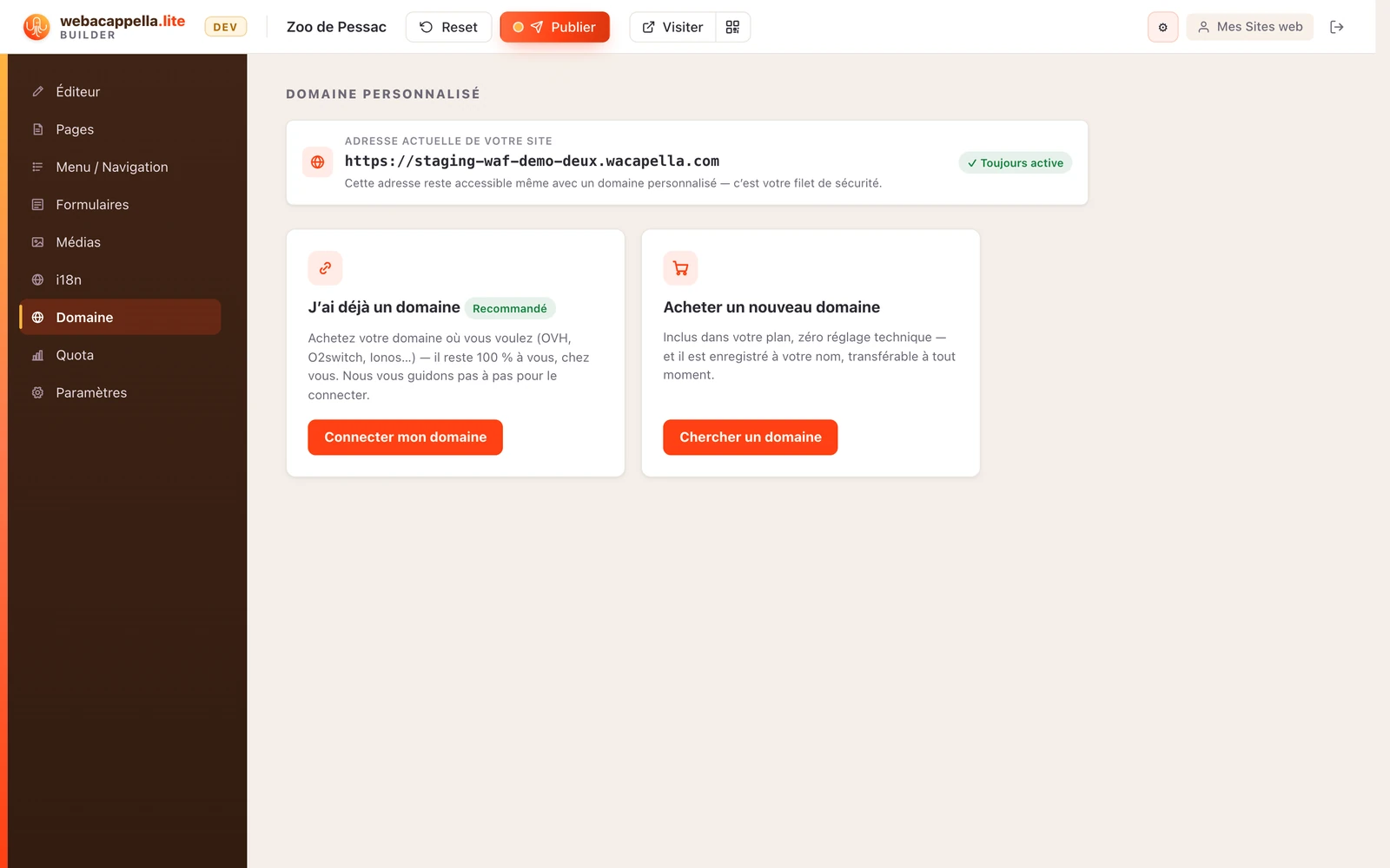 Die Registerkarte „Domain“: Die Adresse ist immer ausgefüllt, und es gibt die beiden Optionen „Ich habe bereits eine Domain“ und „Ich habe noch keine Domain“